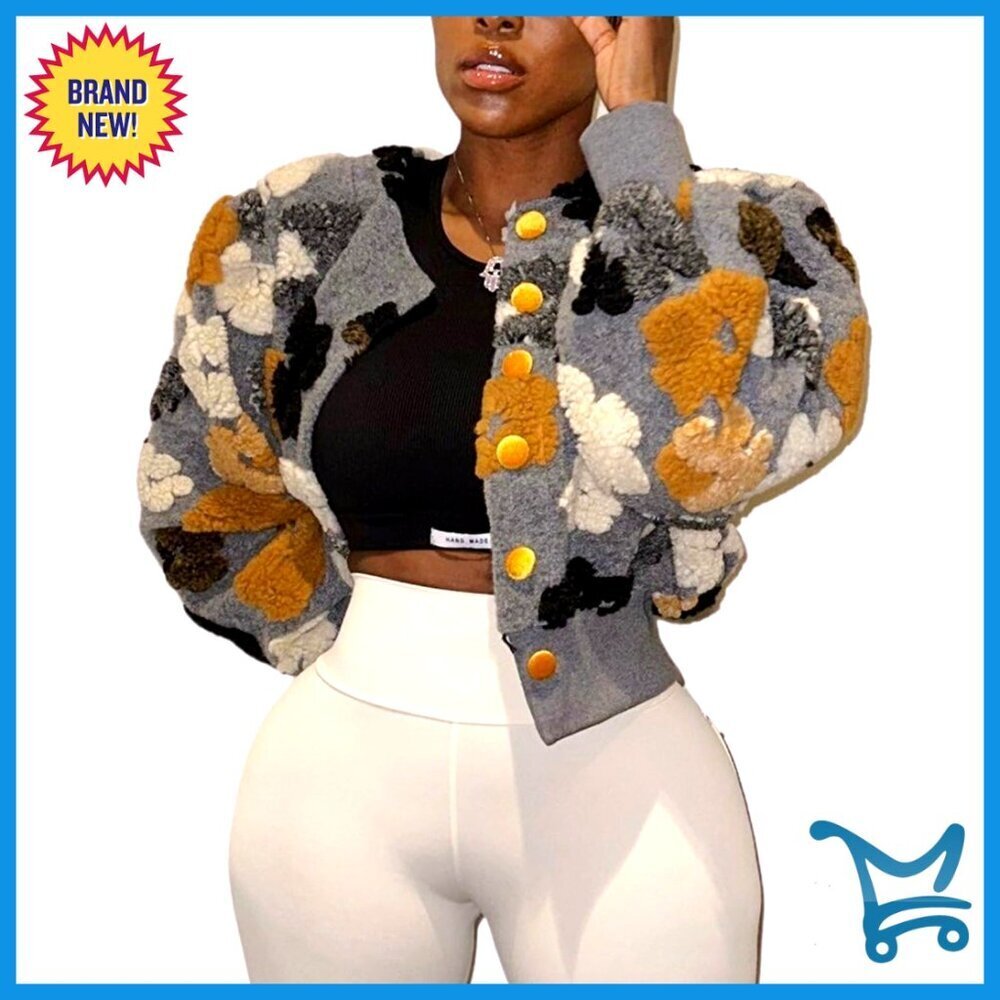 Cropped Floral Print Bomber Jacket Puff Sleeve Fleece Fall Winter Outerwear